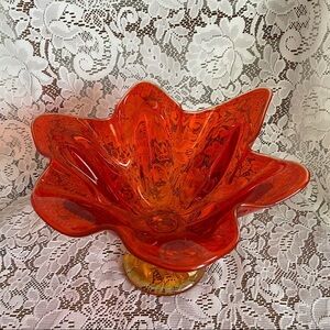 Mid Century Orange Viking Glass Pedestal Compote Bowl Candy Dish